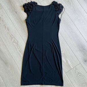 TAYLOR ROSETTE SZ 8 BLACK RUCHED SHEATH DRESS RUFFLED FLORAL SLEEVES KNEE LENGTH